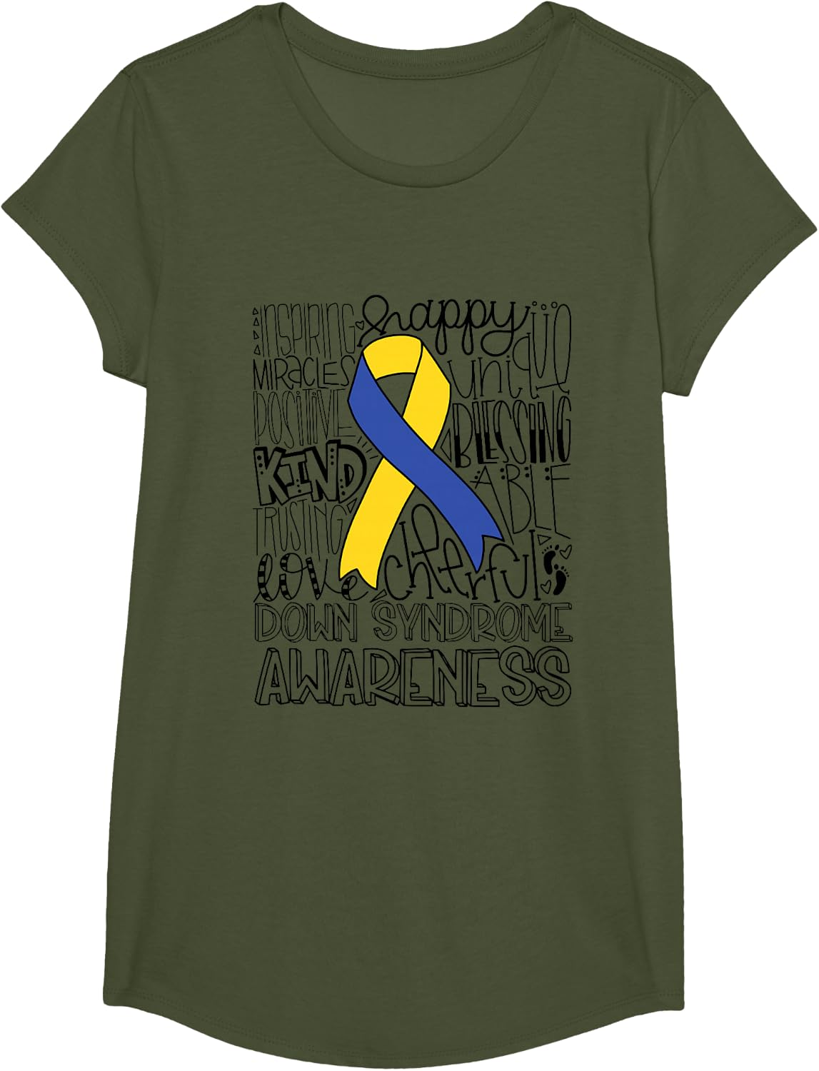 Down Syndrome Awareness / Blue Yellow Ribbon Trisomy 21 T-Shirt - Girls Olive Green