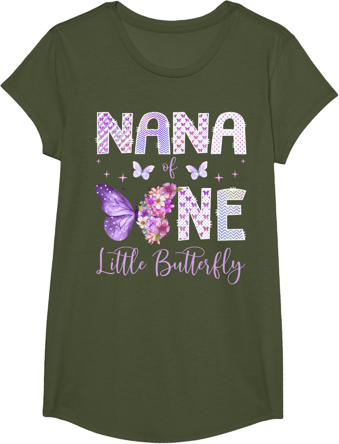 Nana of The One Little Butterfly 1st Birthday Girl Party T-Shirt - Girls Olive Green