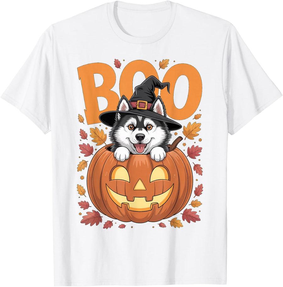 Husky Costume on Pumpkin Halloween Siberian Husky T-Shirt - White