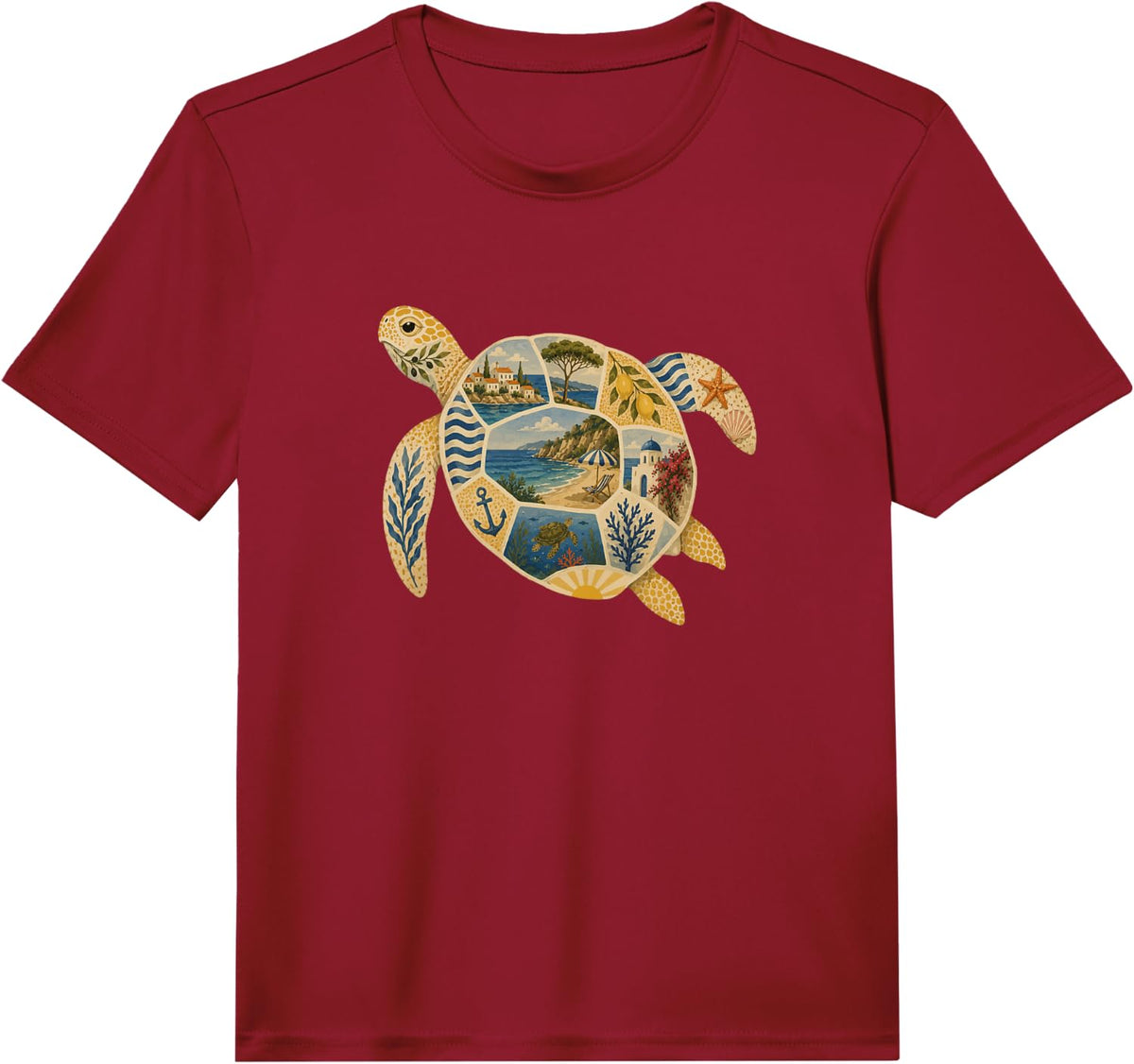 Turtle Summer Collage Marine Animal Mediterranean Art Performance T-Shirt - Red