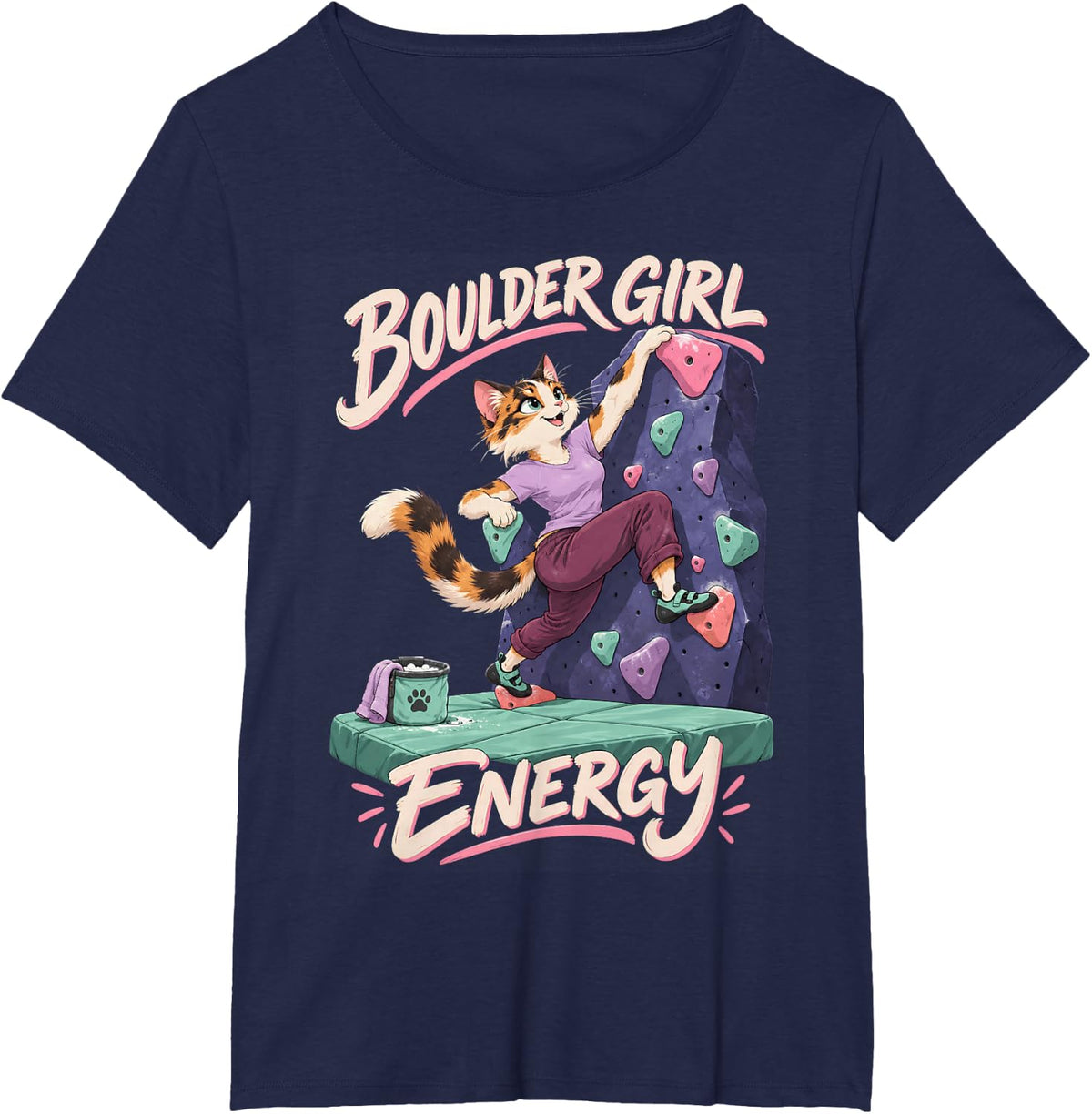 Boulder Girl Energy Cat Climbing Humor T-Shirt - Navy Blue