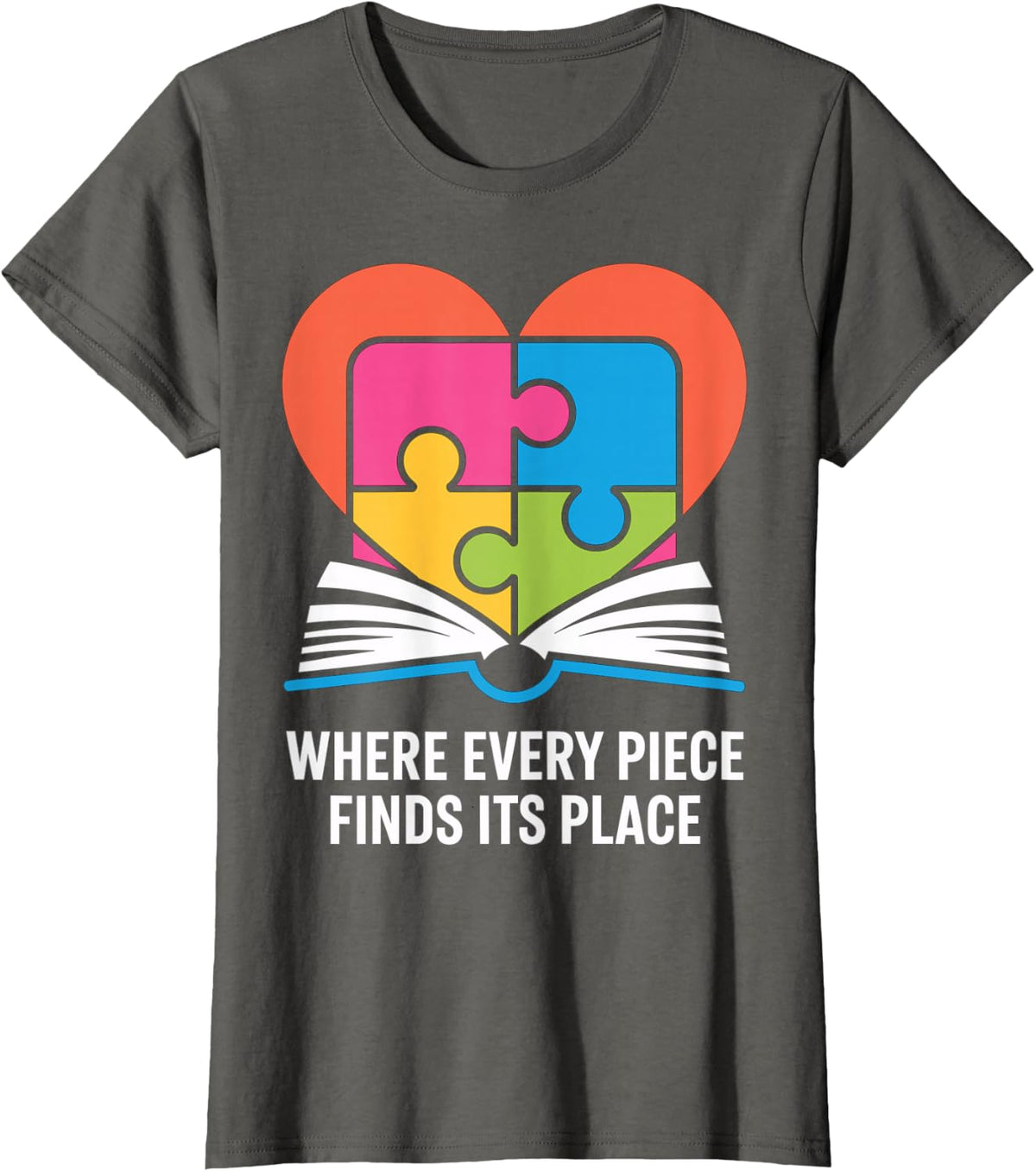 Puzzle Heart Book Design - Where Every Piece Finds Its Place T-Shirt - Asphalt Grey