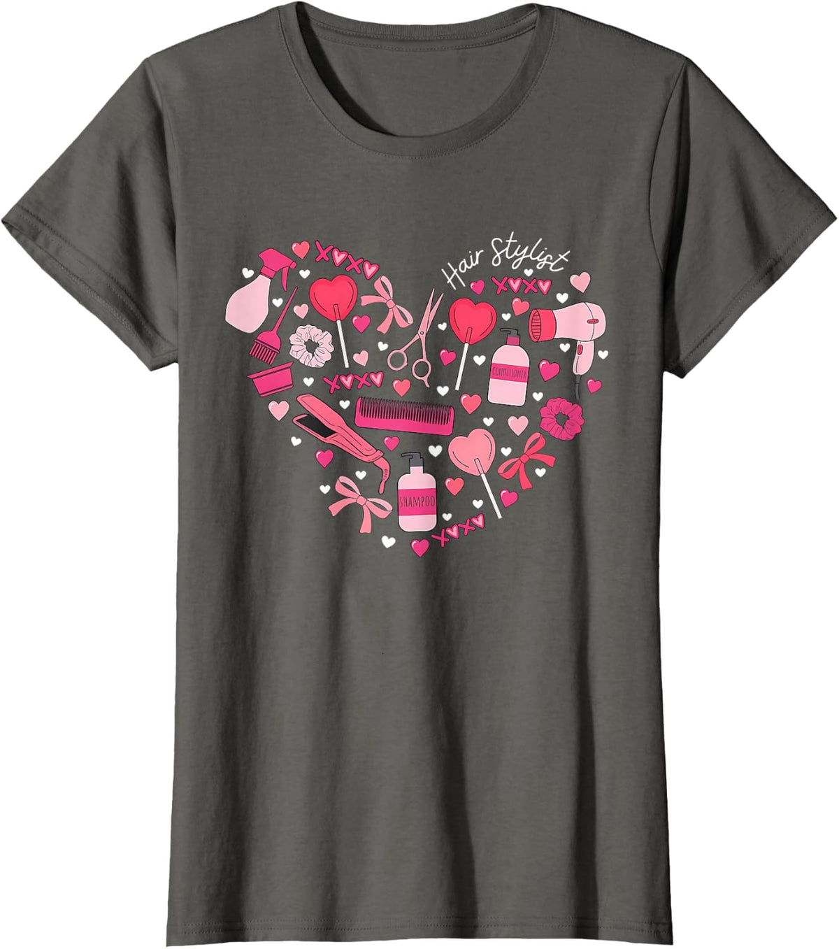 Cute Heart Hair Stylist Valentine Day Cosmetologist Barber T-Shirt - Asphalt Grey