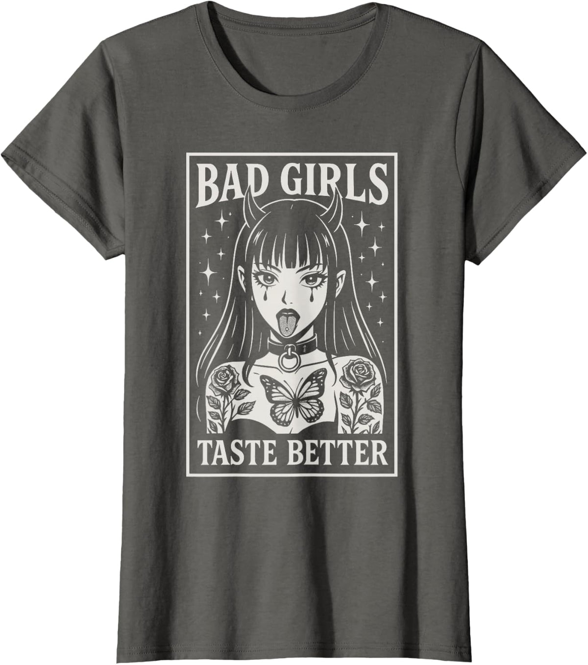 Bad Girls Taste Better Gothic Anime Alt Devil Horns T-Shirt - Asphalt Grey