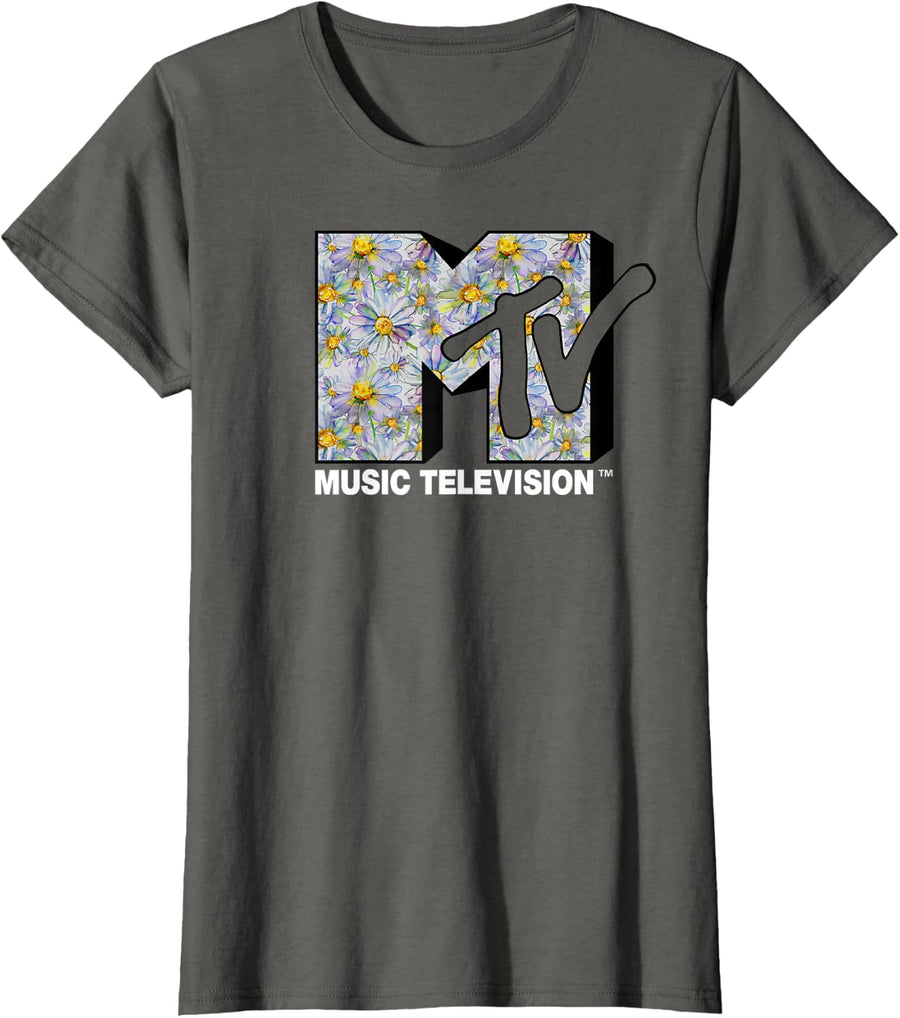 MTV Logo Watercolor Flowers Graphic T-Shirt T-Shirt - Asphalt Grey