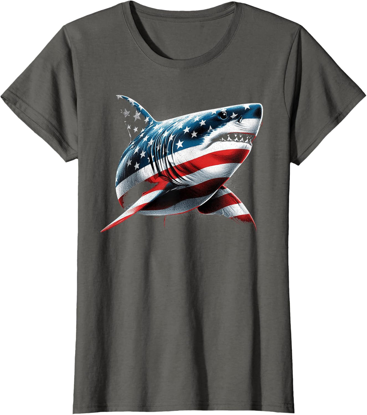 Shark USA Flag American 4th of July Patriotic Men Women T-Shirt - Asphalt Grey