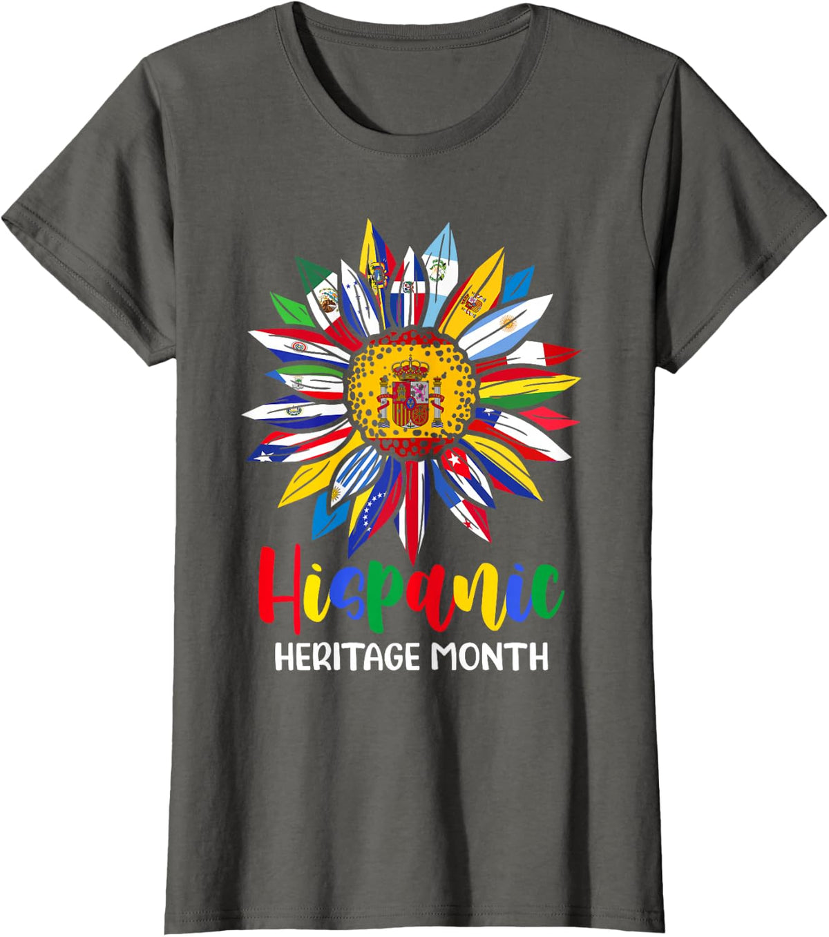 Hispanic Heritage Month Spain Flag Sunflower Latino Flags T-Shirt - Asphalt Grey