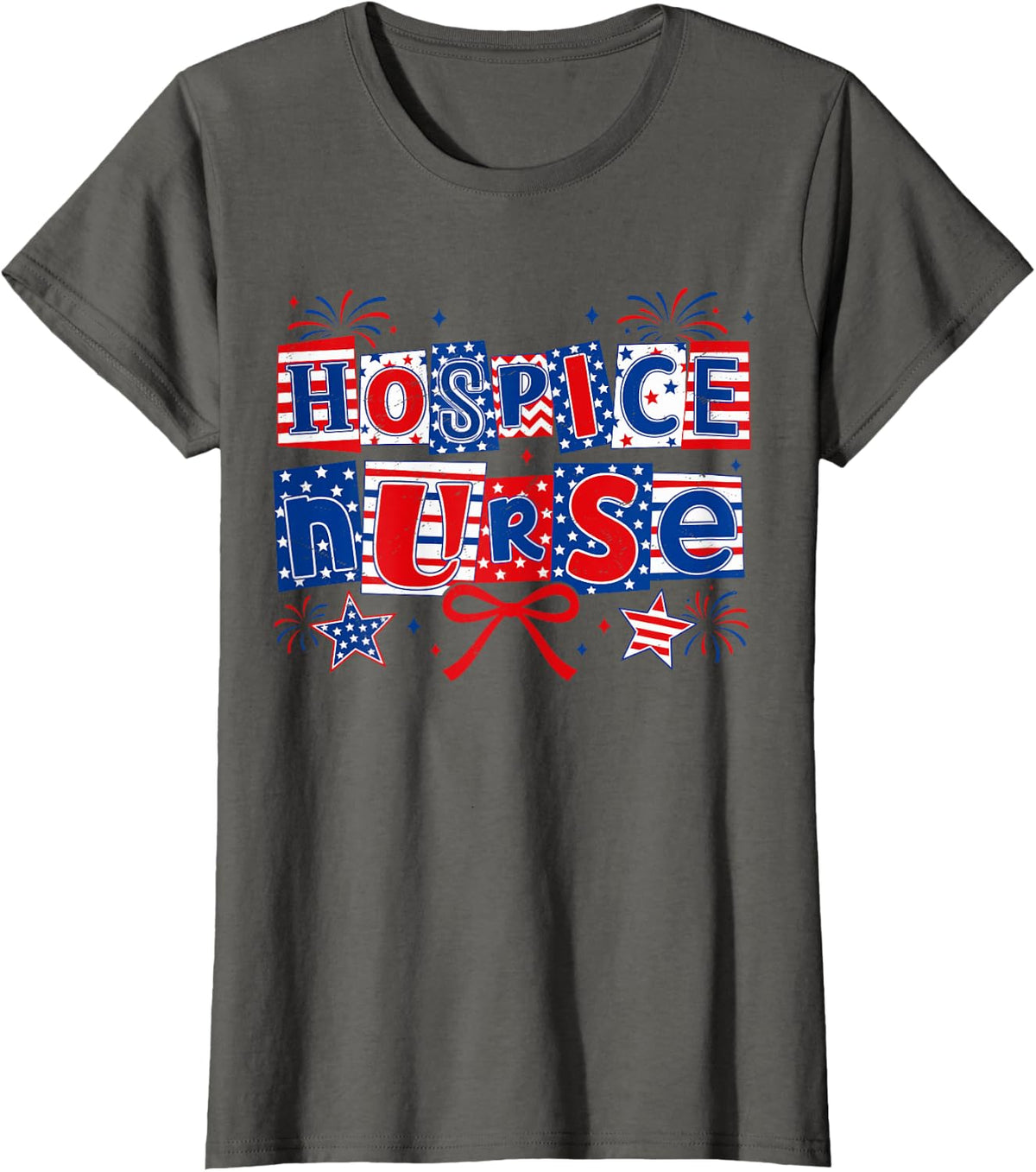 Hospice Nurse Coquette Retro 4th of July US Flag Fireworks T-Shirt - Asphalt Grey