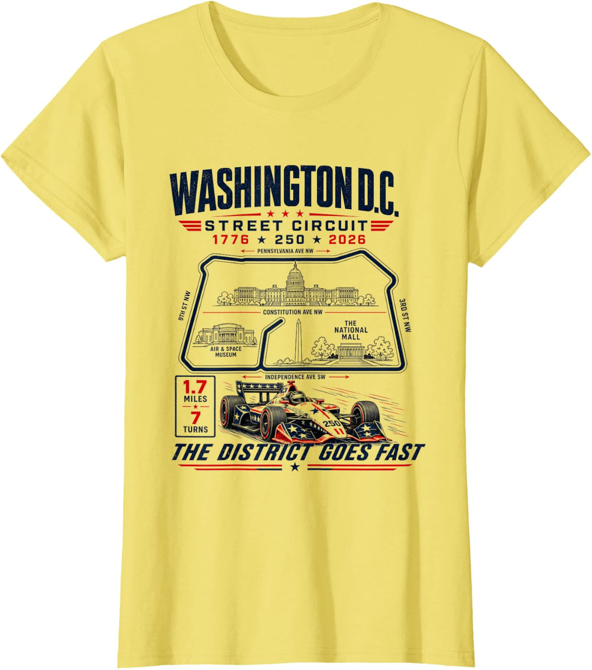 Washington DC Street Circuit Map 250 Mile Racing 2026 T-Shirt - Lemon Yellow