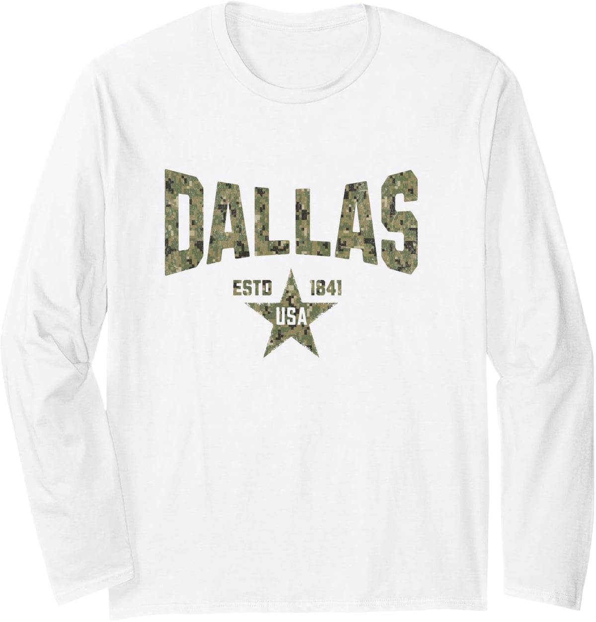 Camo Souvenir USA Star Dallas Texas Long Sleeve T-Shirt - Adult Unisex White