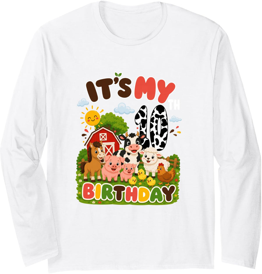 Birthday 10 Year Old Farm Animals Theme Lover 10th Party Long Sleeve T-Shirt - Adult Unisex White