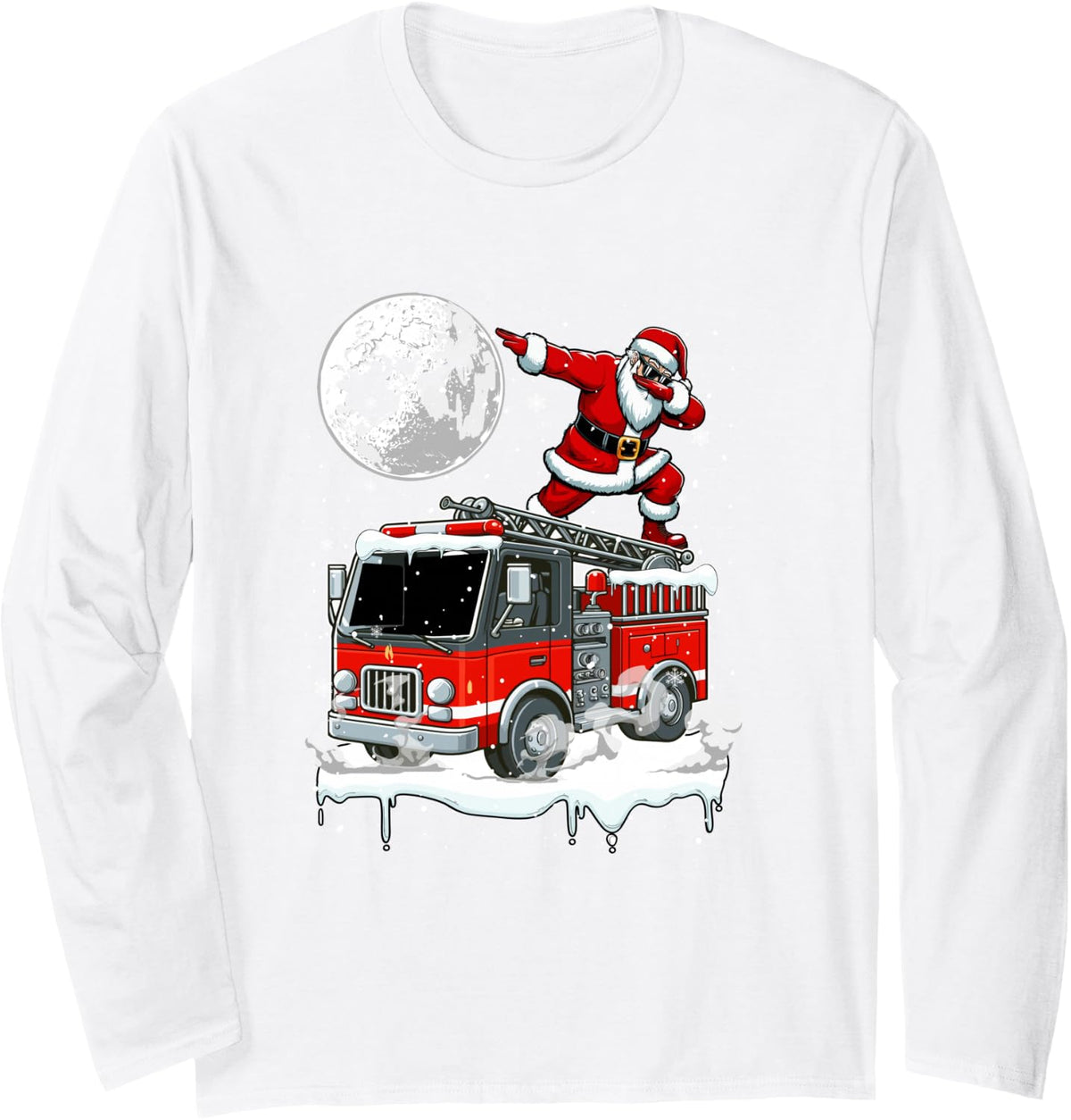 Santa Dabbing On Fire Truck Christmas Driver Lover Kids Long Sleeve T-Shirt - Adult Unisex White
