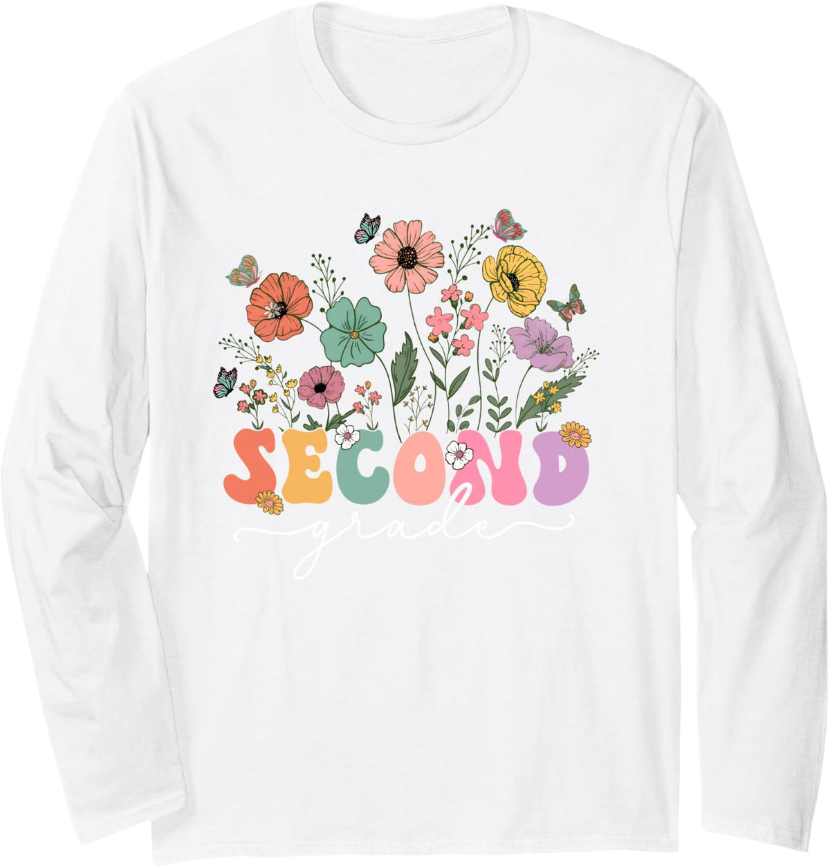 2nd Second Grade Teacher Wildflower Back to School Floral Long Sleeve T-Shirt - Adult Unisex White
