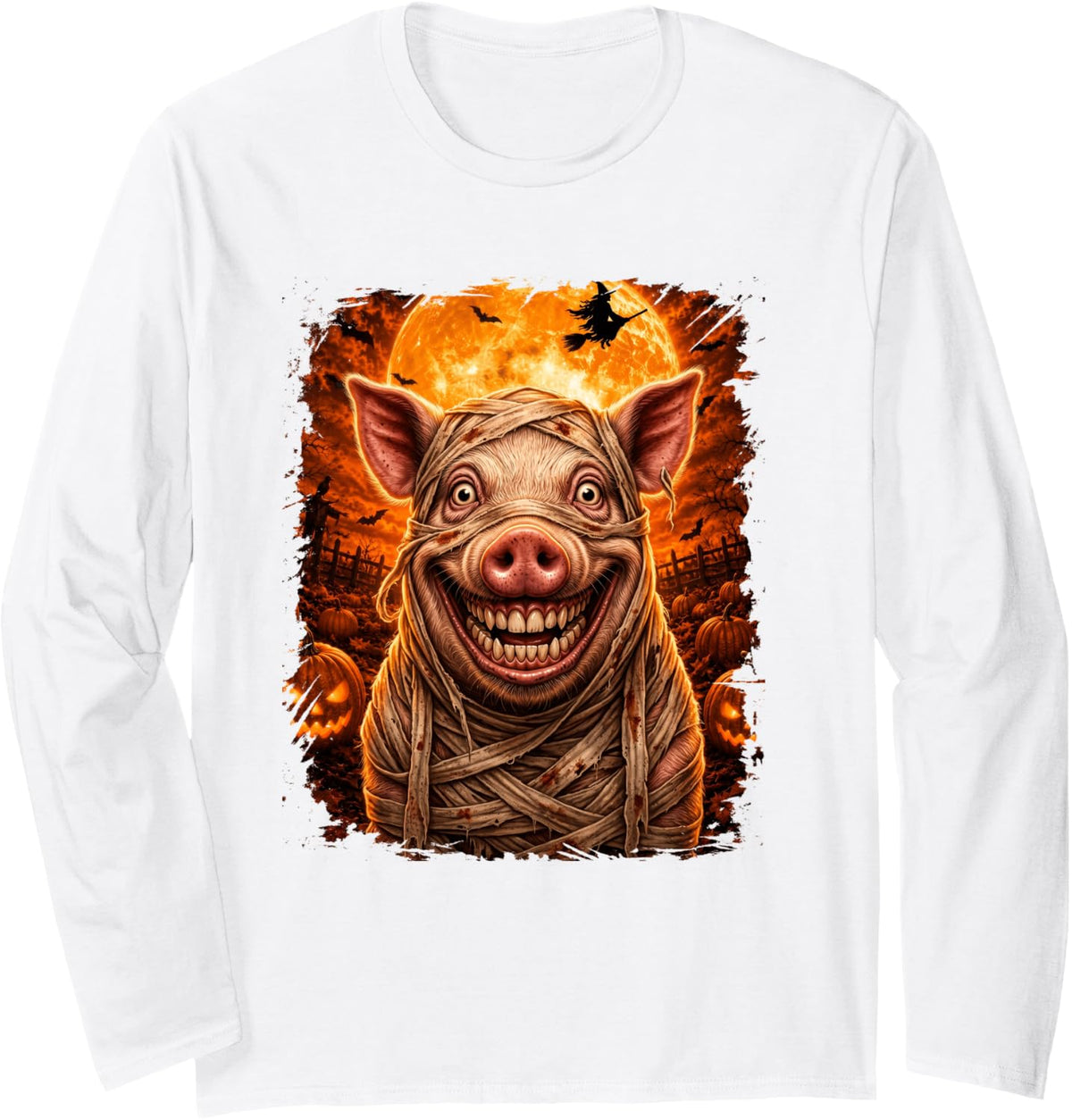 Creepy Pig Halloween Night Long Sleeve T-Shirt - Adult Unisex White