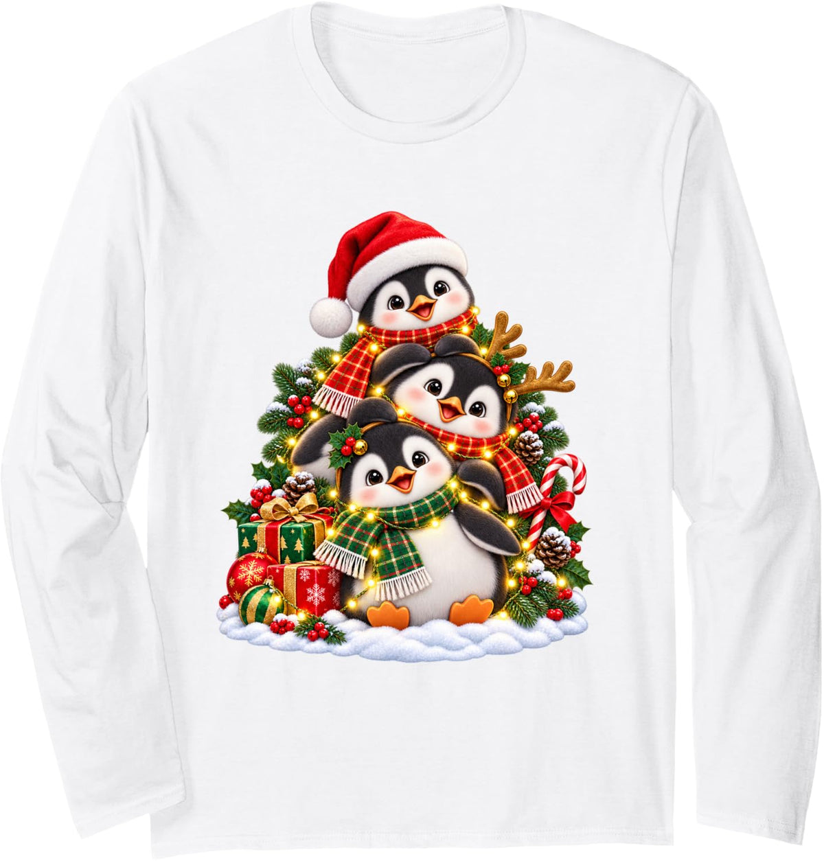 Playful Penguin Holiday Animal Lover Graphic Long Sleeve T-Shirt - Adult Unisex White