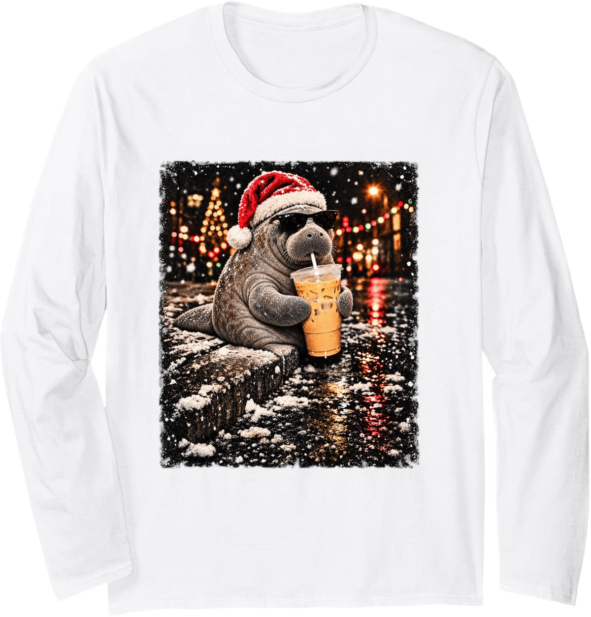 Funny Manatee Drinking Iced Coffee Christmas Animal Meme Long Sleeve T-Shirt - Adult Unisex White