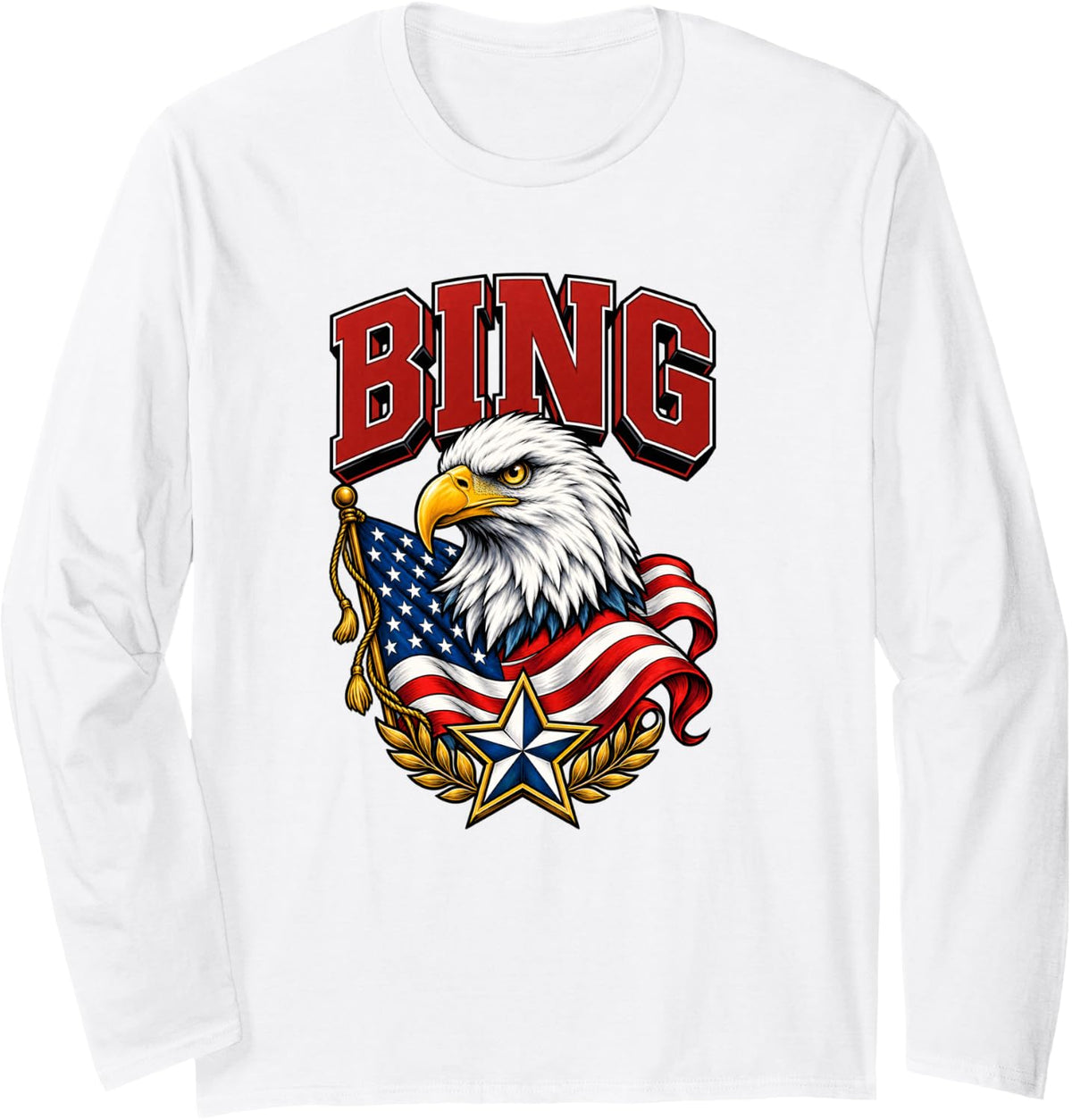 Bing Patriotic Bald Eagle American Flag Long Sleeve T-Shirt - Adult Unisex White