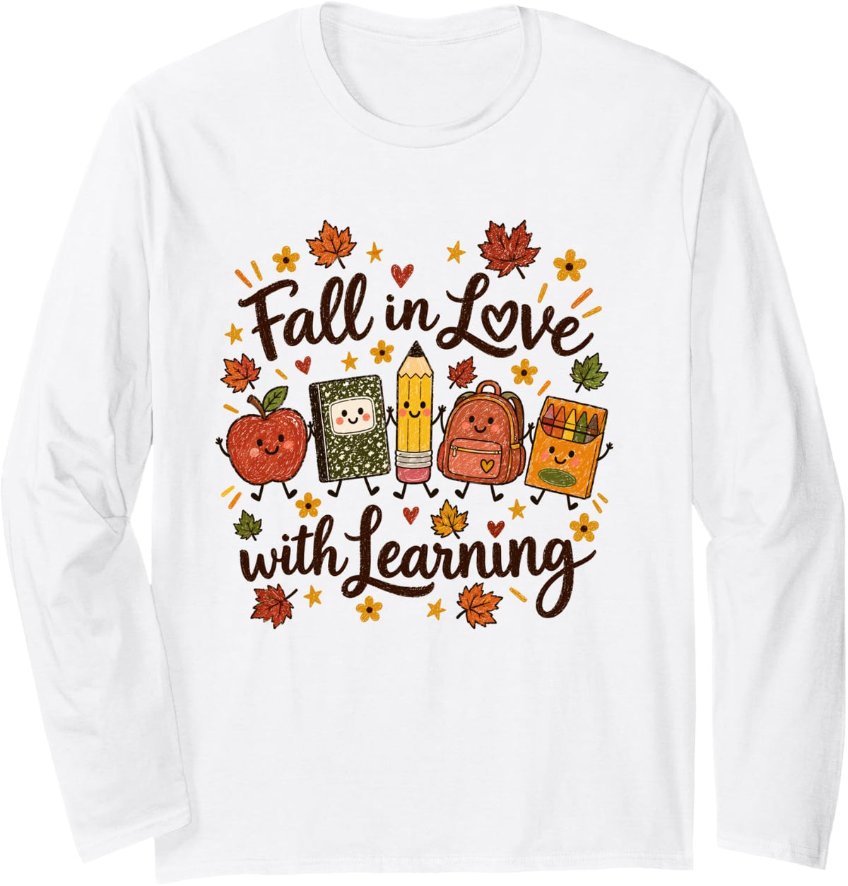 Cute Fall in Love with Learning Teacher Classroom Women Kids Long Sleeve T-Shirt - Adult Unisex White