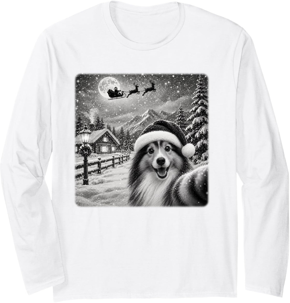 Xmas Moon Night Santa Sleigh Shetland Sheepdog Christmas Long Sleeve T-Shirt - Adult Unisex White