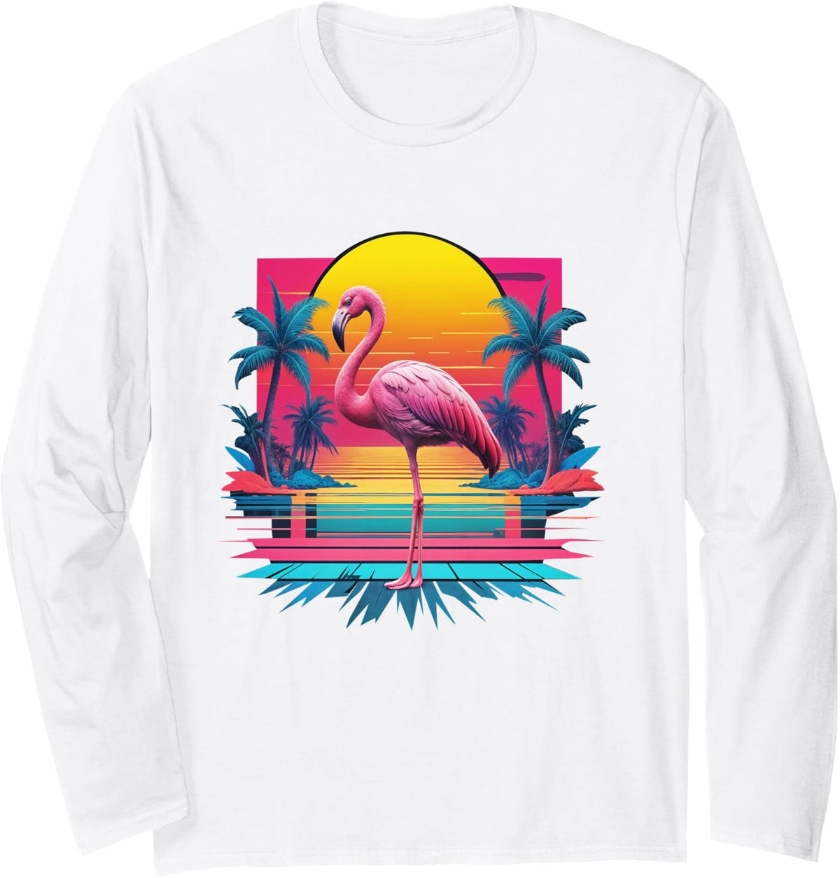 Pink Flamingo Beach Palm Trees Retro Tropical Summer Trip Long Sleeve T-Shirt - Adult Unisex White