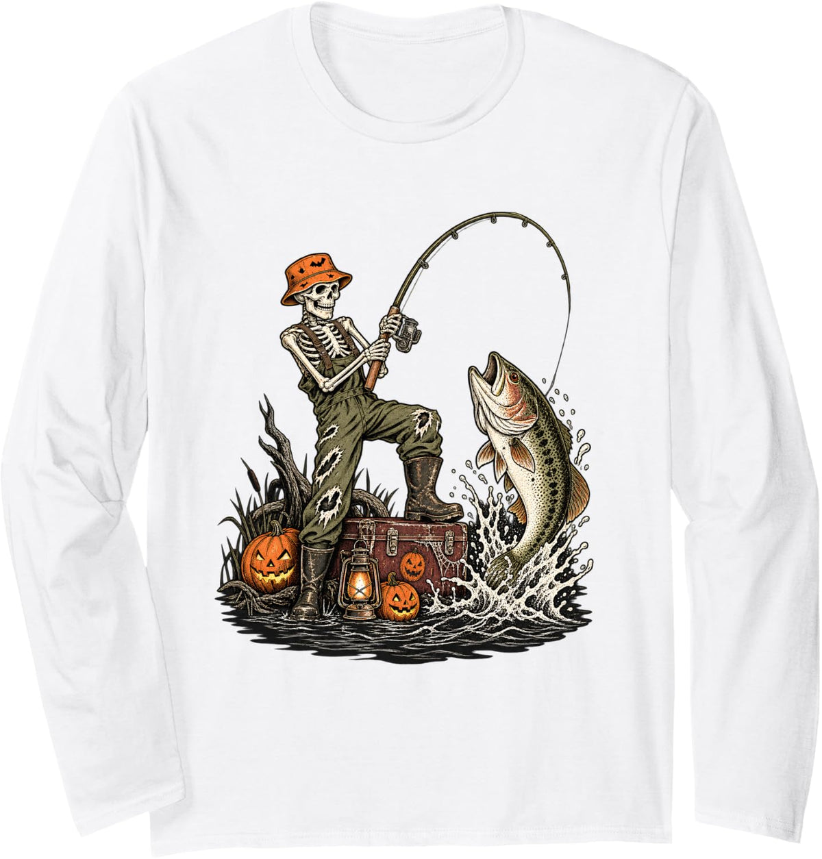 Halloween Skeleton Fishing Angler Bass Fisherman Long Sleeve T-Shirt - Adult Unisex White