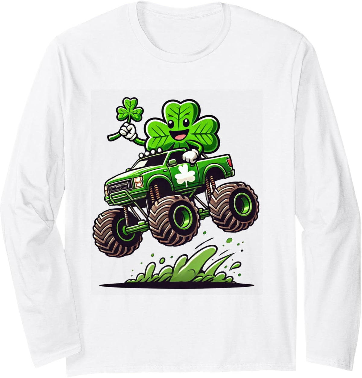 Boys Monster Truck Shamrock St Patricks Day Lucky Clovers Long Sleeve T-Shirt - Adult Unisex White