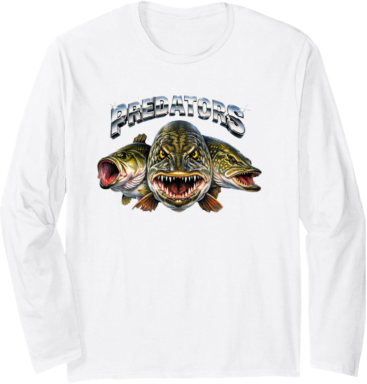 Retro Bass Fish Vintage 80s Musky Fishing Heavy-Metal Pike Long Sleeve T-Shirt - Adult Unisex White