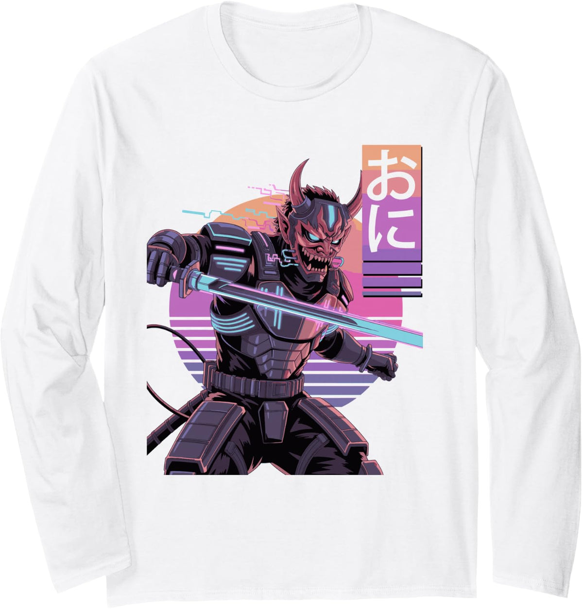 Retro Fun Techwear Cyberpunk Samurai Artist Long Sleeve T-Shirt - Adult Unisex White