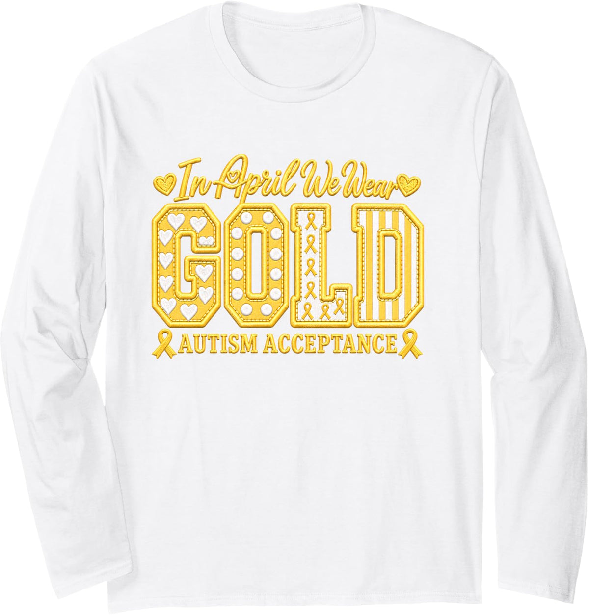 Rainbow Ribbon Autism Acceptance April Graphic Long Sleeve T-Shirt - Adult Unisex White