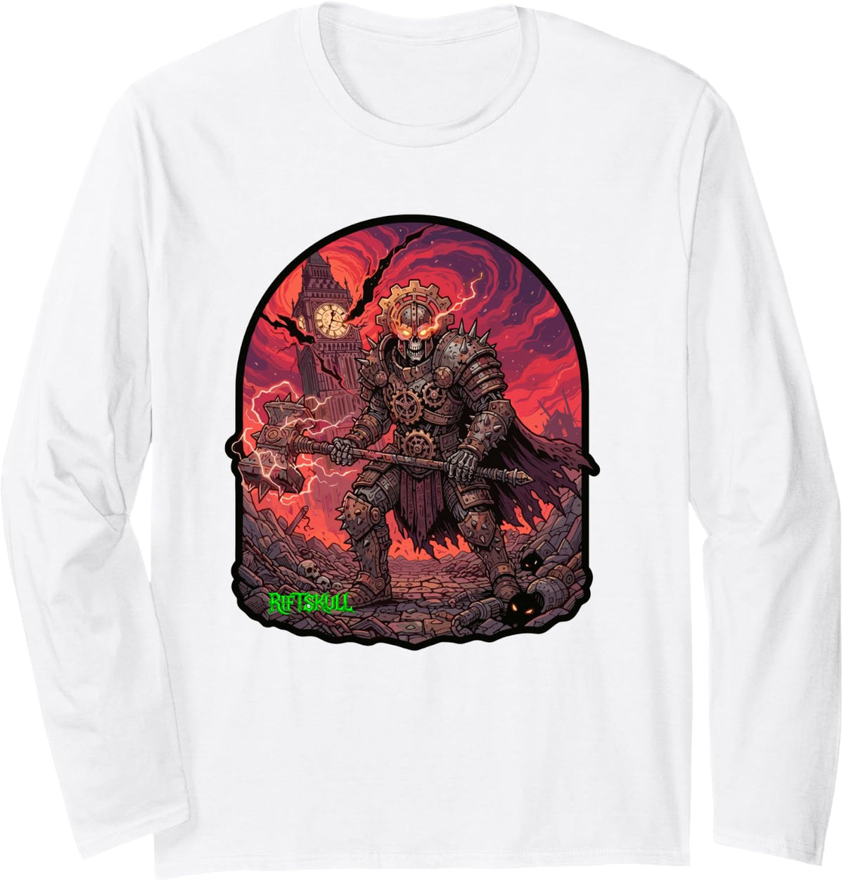 Skeleton Warrior Heavy Metal Rock Gothic Dark Fantasy Long Sleeve T-Shirt - Adult Unisex White