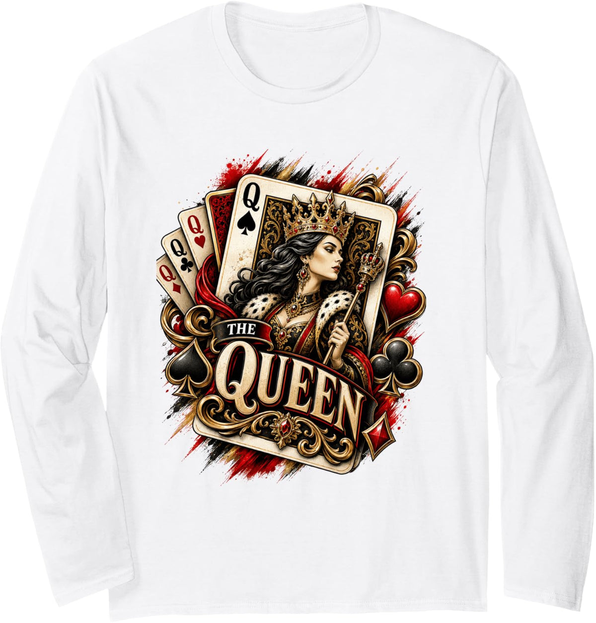 Funny Card Game Couple The Queen Card Playing Cards Lover Long Sleeve T-Shirt - Adult Unisex White