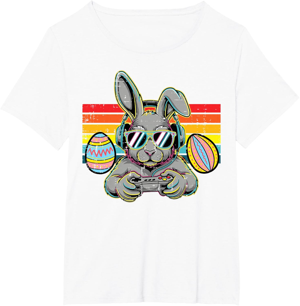 Easter Bunny Gaming Headphone Retro Gamer Men Boys Kids Teen T-Shirt - White