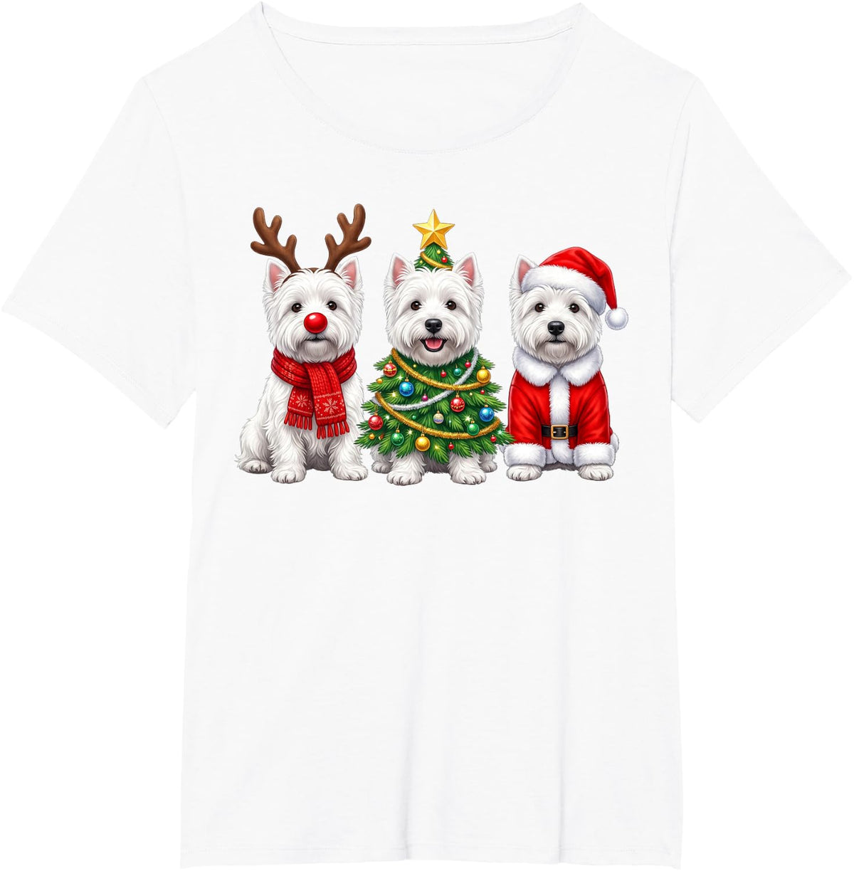 Retro Christmas West Highland White Terriers Santa Reindeer T-Shirt - White