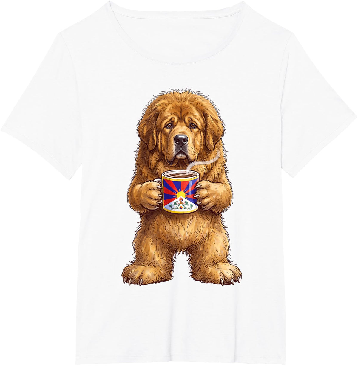 Cute Funny Tibet Mastiff Dog with Coffee Mug T-Shirt - White