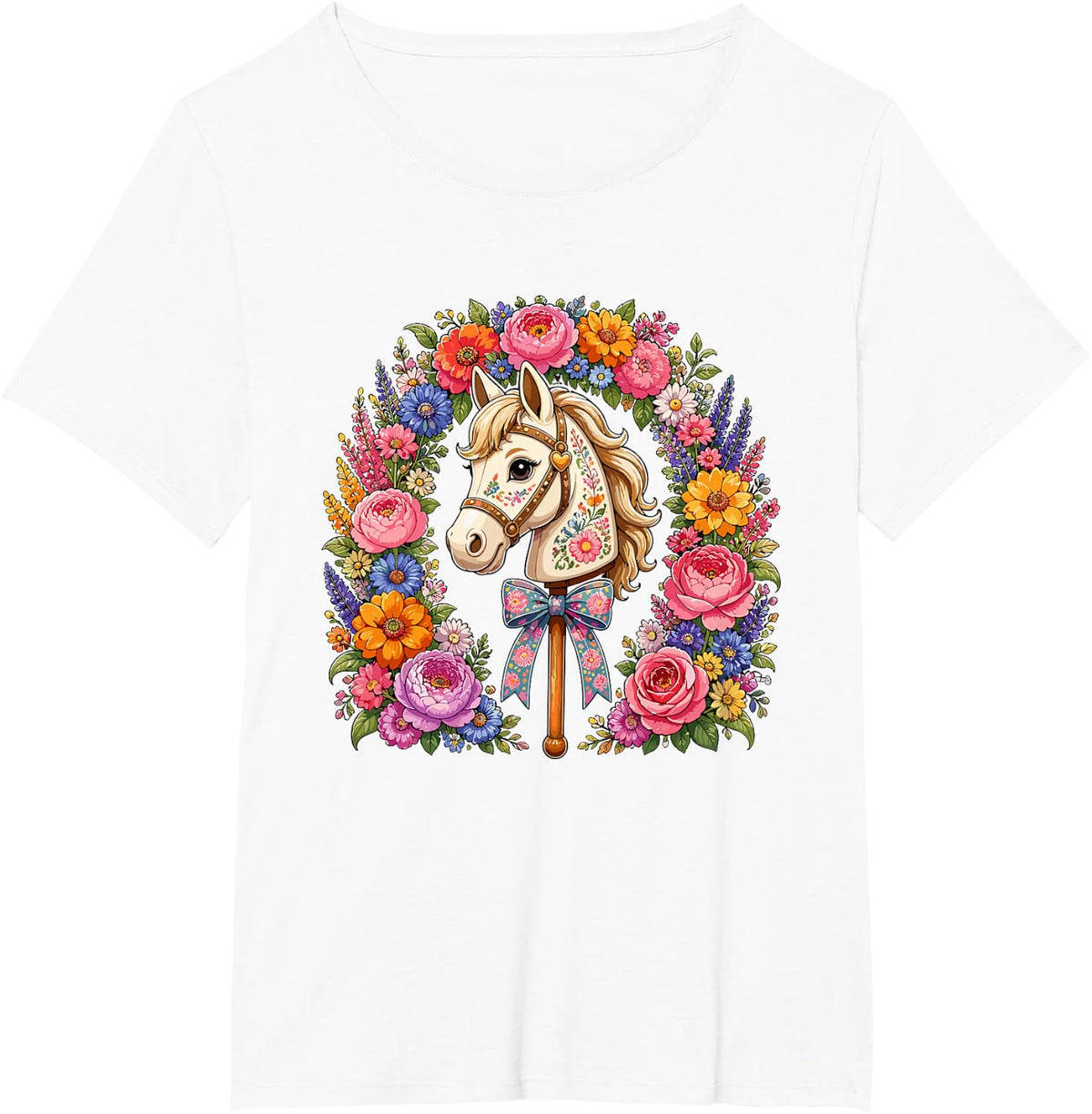 Colorful Horse Flowers Bow Pony Equestrian T-Shirt - White
