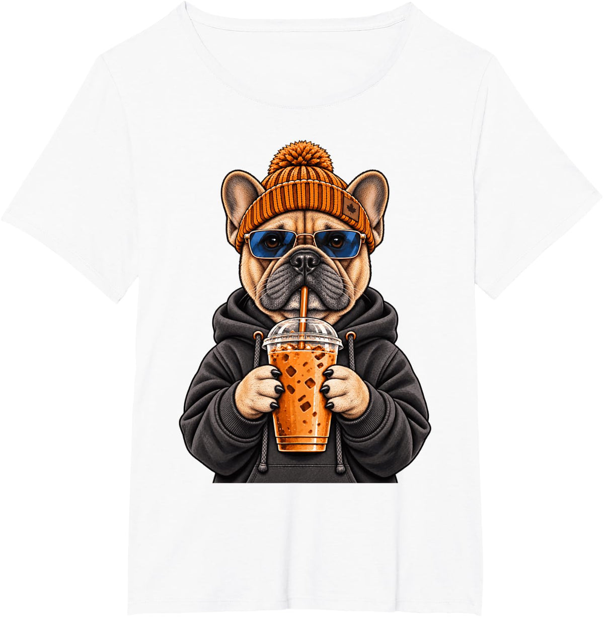 French Bulldog Dog Hipster Iced Coffee Funny Frenchie T-Shirt - White