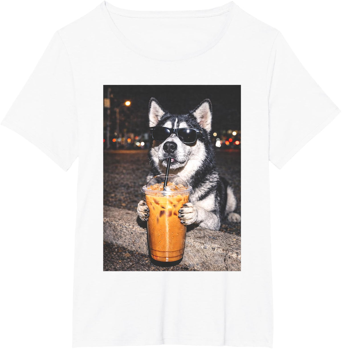 Funny Coffee Shirts for Women Men Siberian Husky Drinking Iced Coffee Meme Tees T Shirts - White