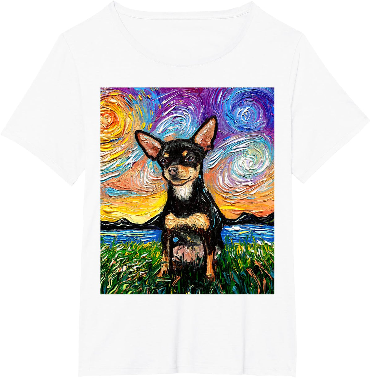 Black and Tan Smooth Chihuahua Starry Night Dog Artwork T-Shirt - White