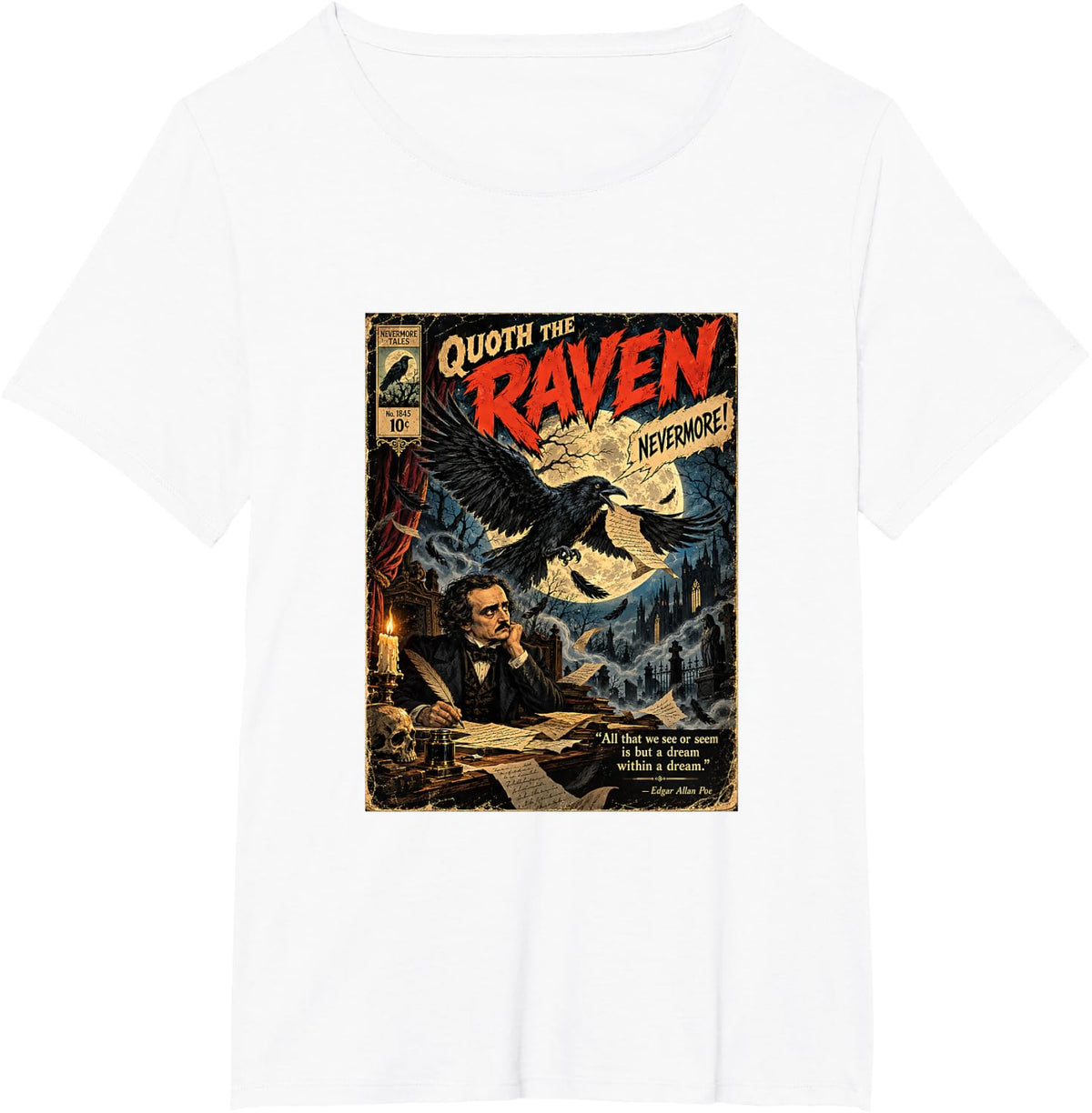 Gothic Raven Classic Poetry Dark Literature Graphic T-Shirt - White
