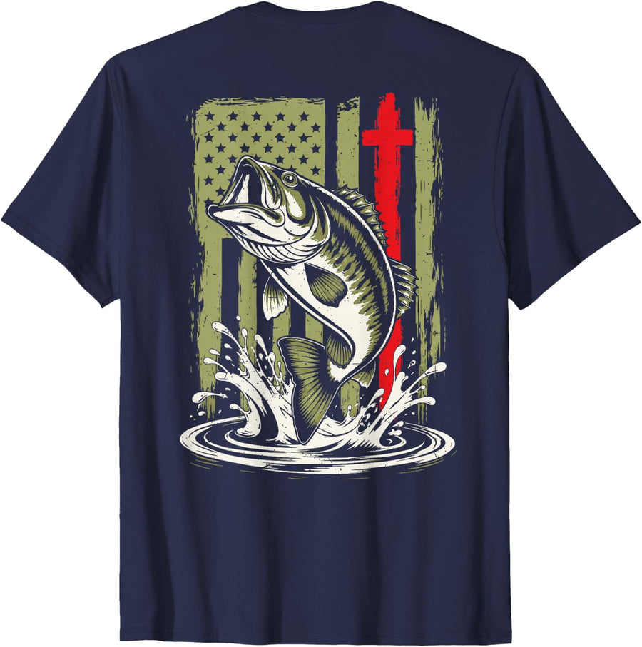 Youth Camo Fishing American Flag Bass Fish Christian Cross T-Shirt - Navy Blue