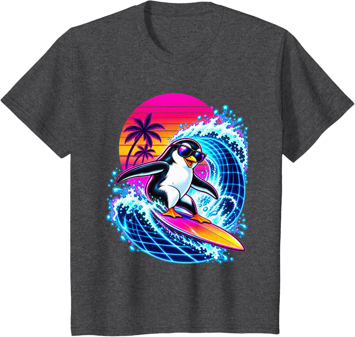 Penguin Surfing Tropical Wave T-Shirt - Dark Heather Grey