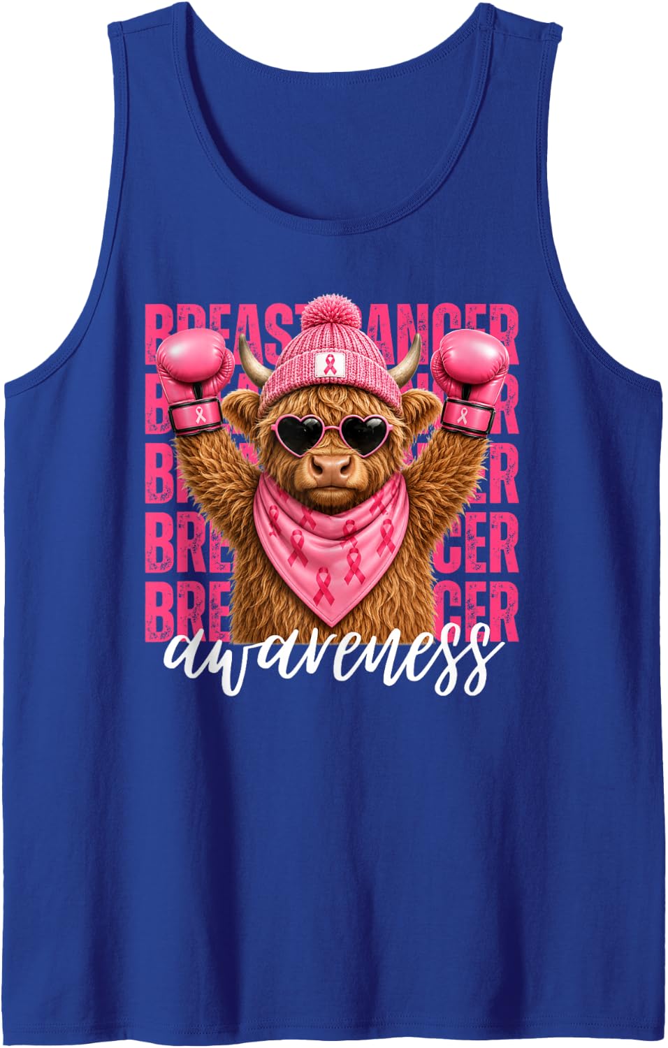 Highland Cow Breast Cancer Awareness Pink Ribbon Support Tank Top - Royal Blue