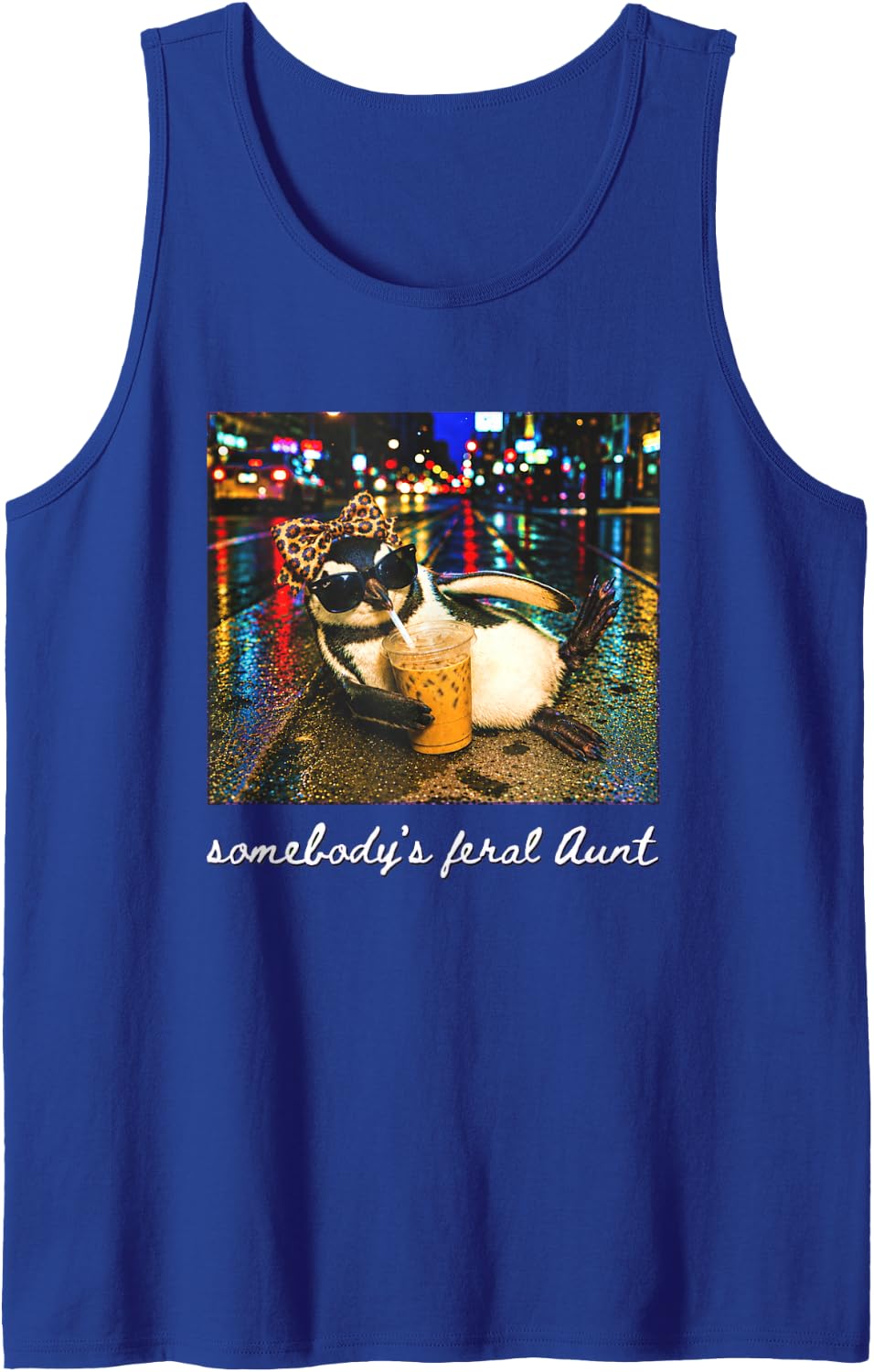 Funny Penguin Somebody's Feral Aunt Iced Coffee Tank Top - Royal Blue