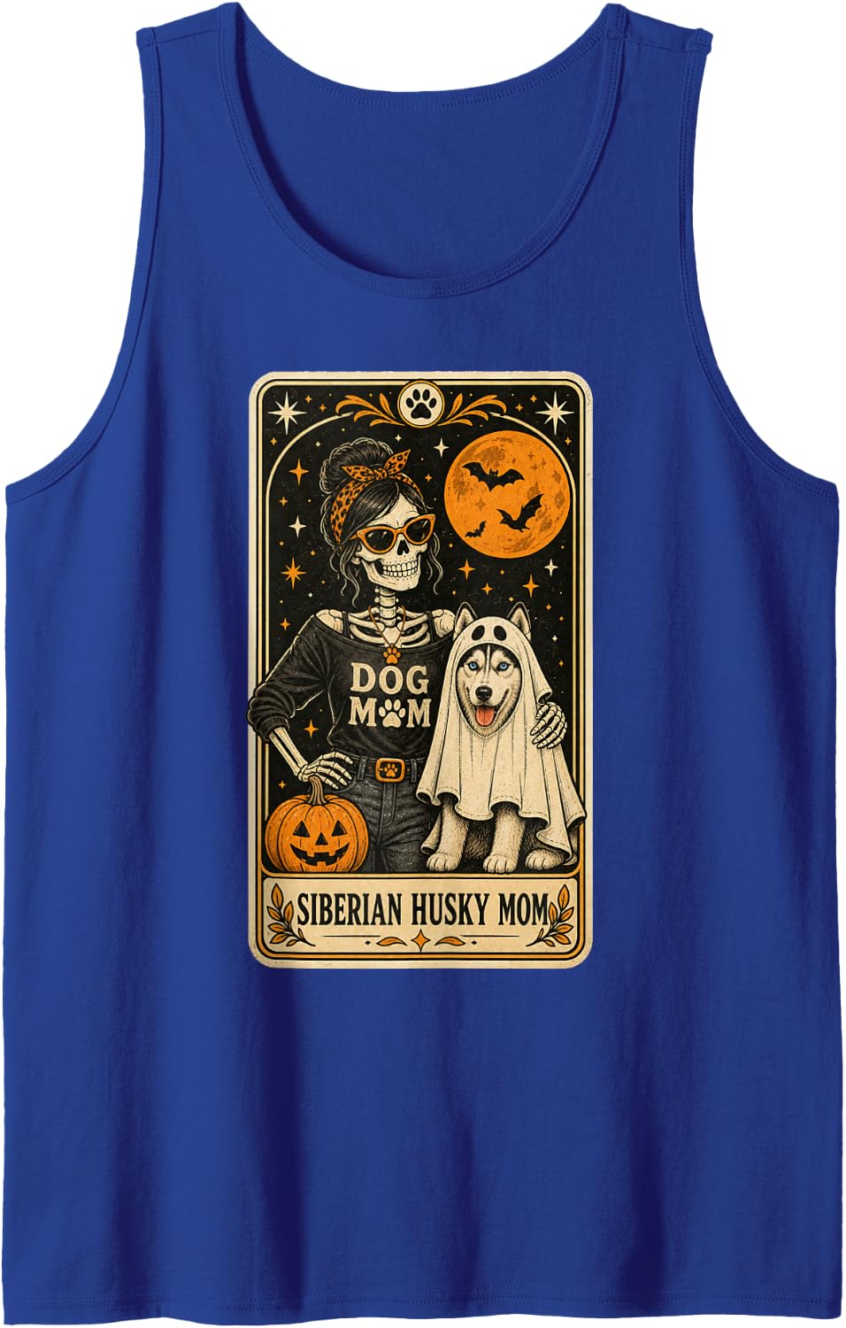 Siberian Husky Mom Halloween Skeleton Dog Mom Tarot Card Sleeveless Tank Top - Royal Blue