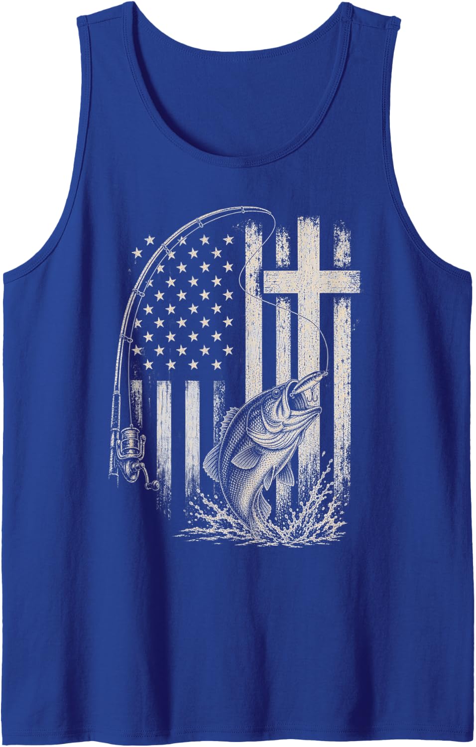 Bass Fishing American Flag Christian Cross Patriotic Sleeveless Tank Top - Royal Blue