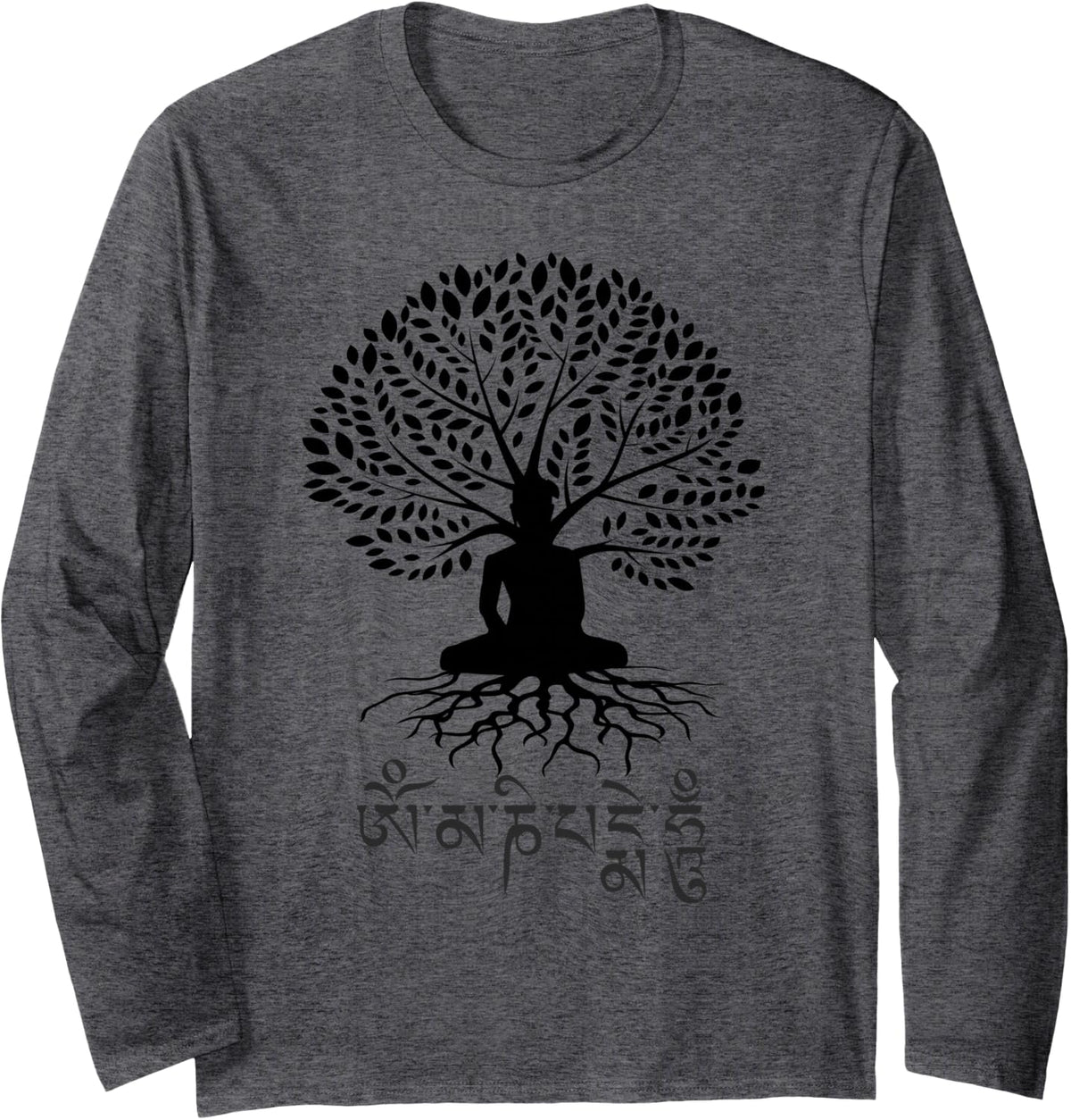 Meditative Buddha Under Bodhi Tree Om Mani Padme Hum Mantra Long Sleeve T-Shirt - Adult Unisex Dark Heather Grey