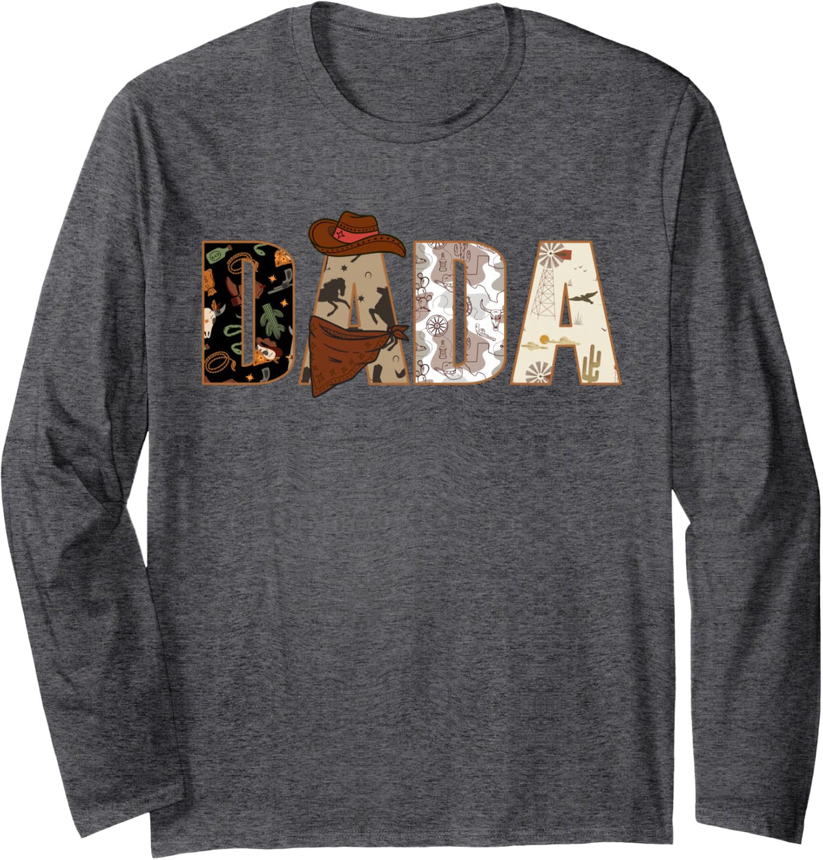DADA Cowboy Western - Dads First Rodeo Birthday Long Sleeve T-Shirt - Adult Unisex Dark Heather Grey