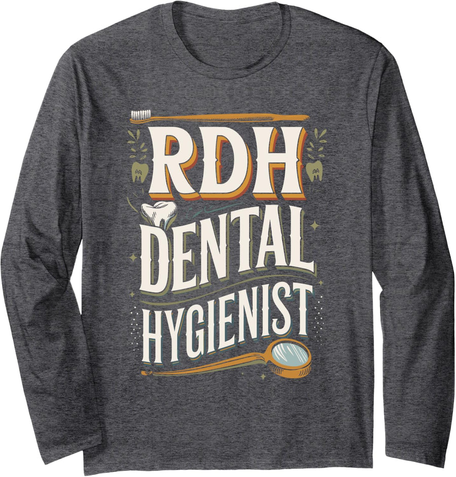 RDH Dental Hygienist Minimalist Long Sleeve T-Shirt - Adult Unisex Dark Heather Grey