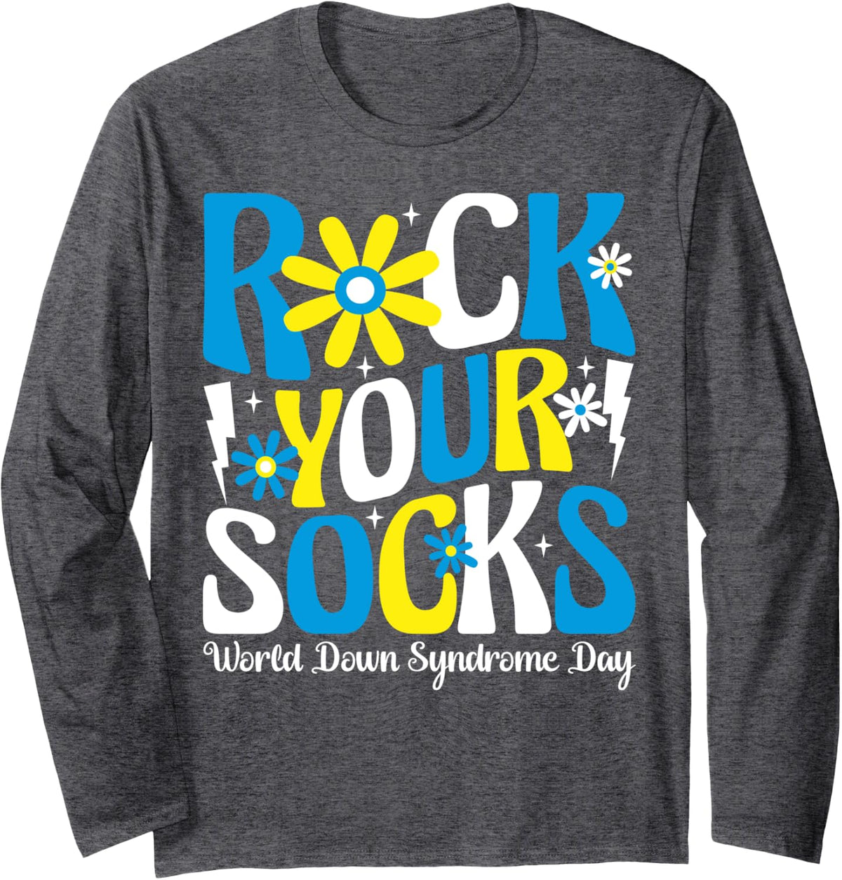 Rock Your Socks Groovy World Down Syndrome Awareness Day Long Sleeve T-Shirt - Adult Unisex Dark Heather Grey