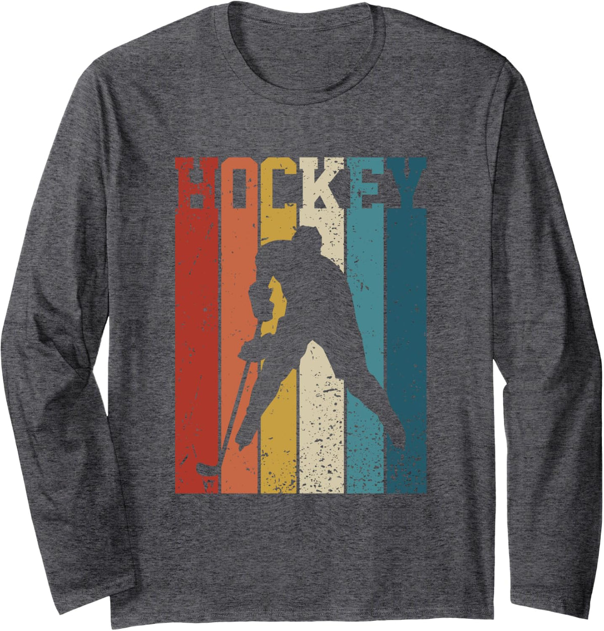 Vintage Retro Classic Hockey Player Long Sleeve T-Shirt - Adult Unisex Dark Heather Grey